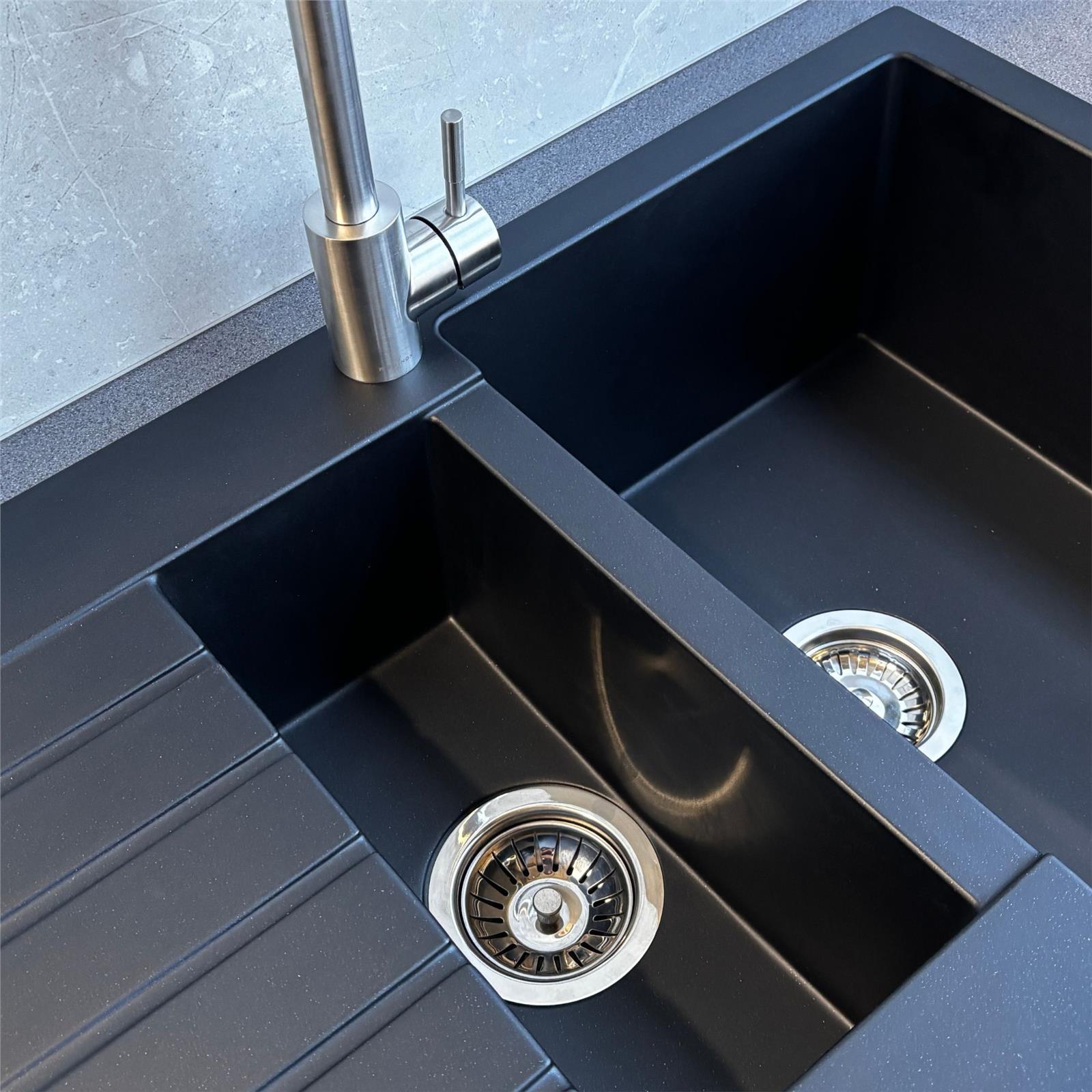 Liquida GRN150BL 1.5 Bowl Black Granite Reversible Kitchen Sink With Wastes